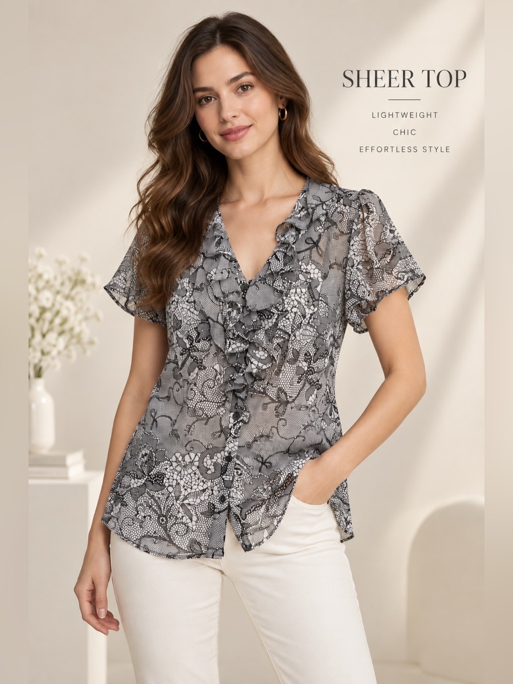 Worthington 1X Black White Sheer Floral Ruffle Blouse
